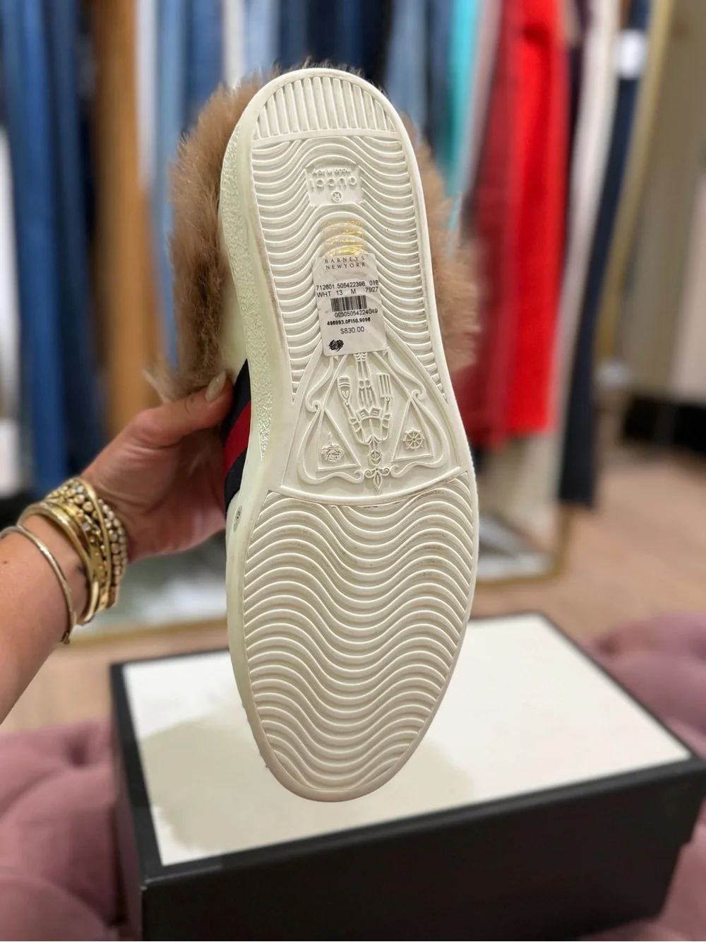 Gucci White Leather Fur-Back Sneaker with Red & Blue Web and Gold Bee
